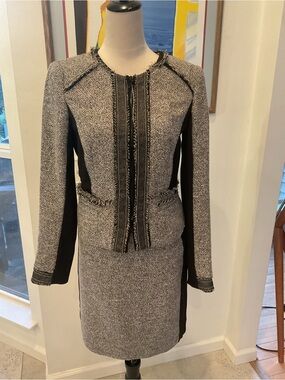 White House Black Market Black and Gray Tweed Fringe Pencil Skirt Set